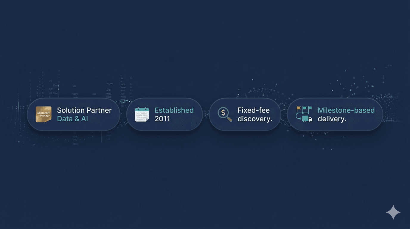 Microsoft Solution Partner for Data & AI, Established 2011, Fixed-fee discovery. Milestone-based delivery.