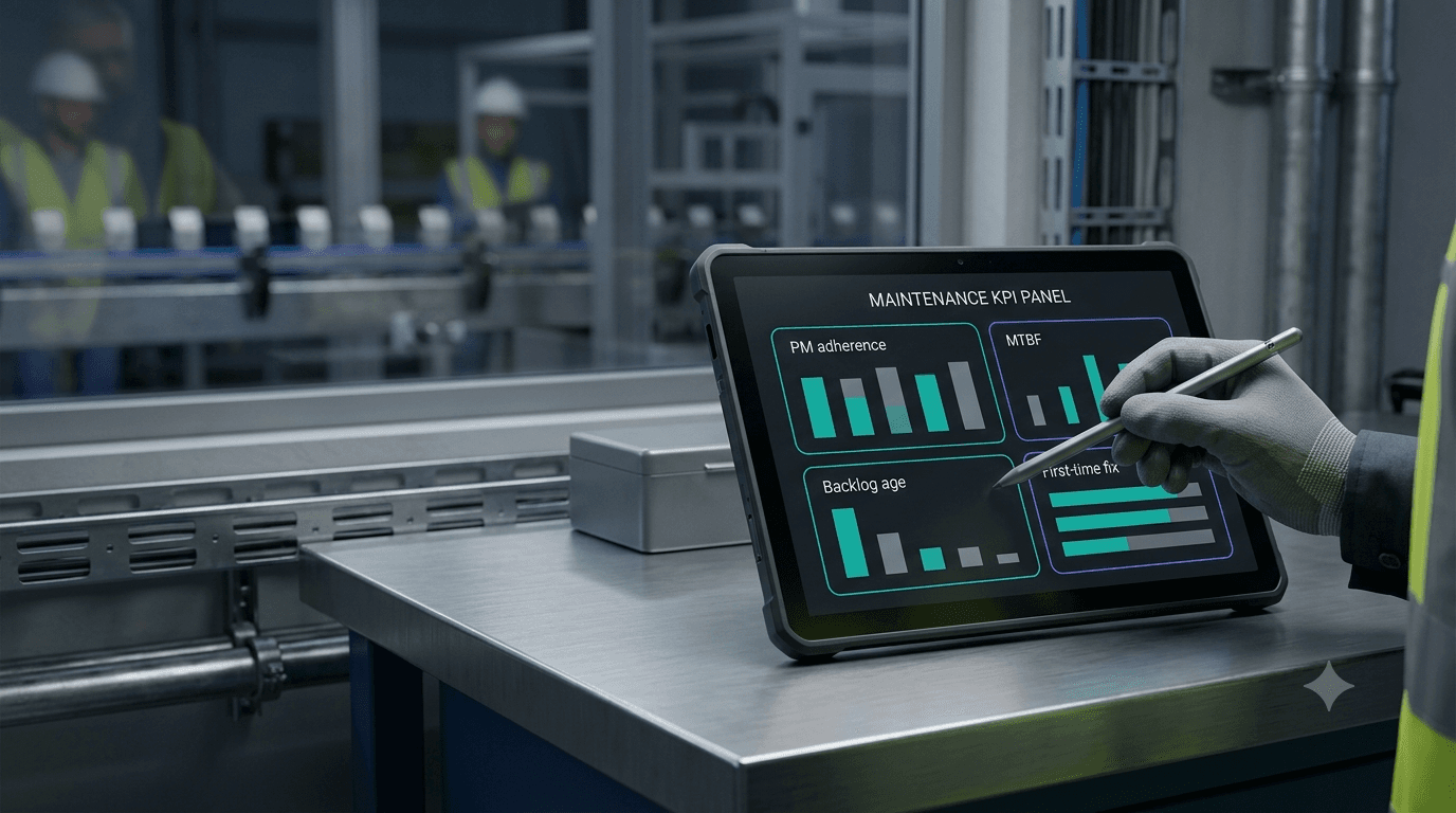 Maintenance planner holding a stylus while interacting with an industrial KPI dashboard tablet on a steel workbench.