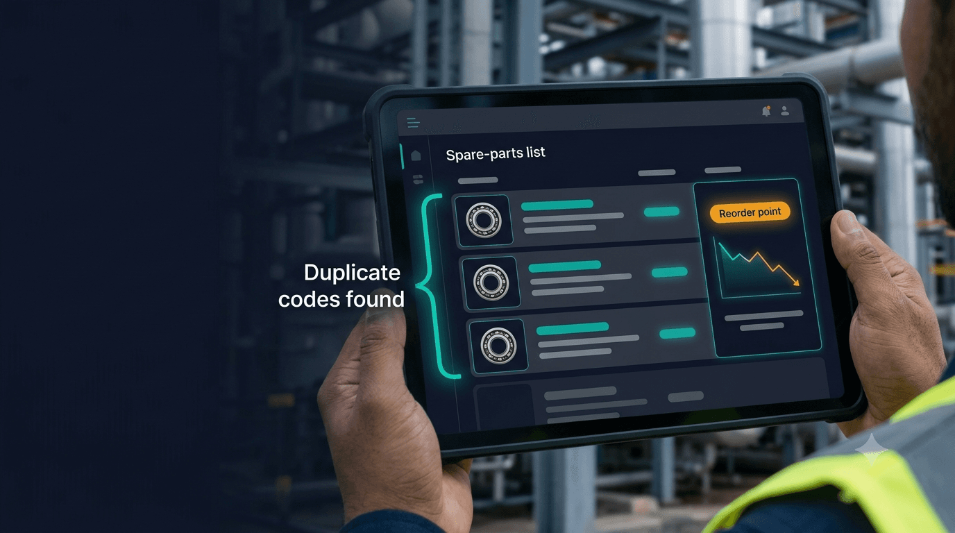 A close-up view of an industrial tablet screen held by an engineer wearing correct PPE, displaying a dark-mode parts list. Three rows with the same bearing icon are grouped by a teal bracket labeled "Duplicate codes found". Adjacent to this, a forecast chart highlights an amber warning labeled "Reorder point". The background is a detailed but softly blurred industrial process plant.