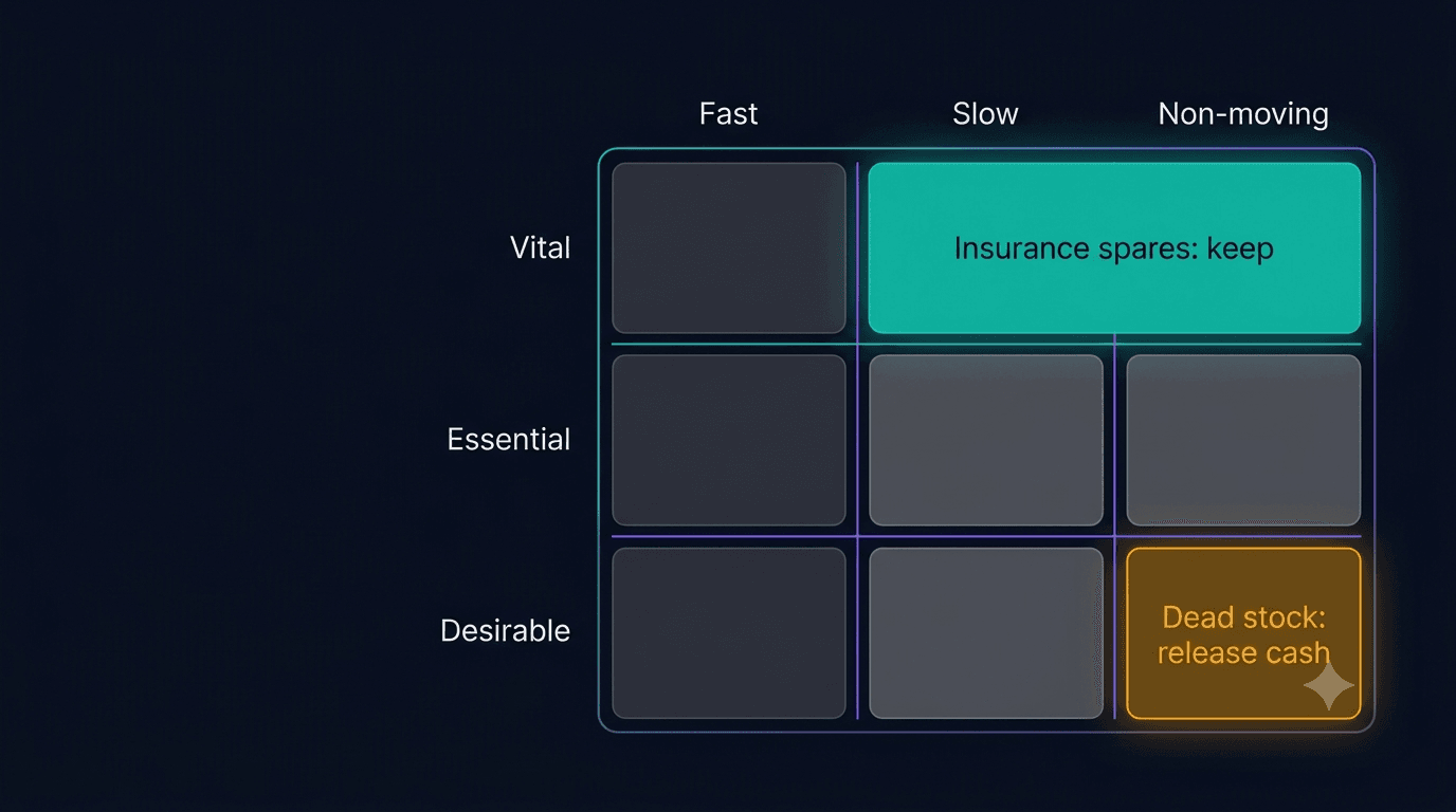 A clean, flat 3x3 spares inventory matrix diagram on a deep navy background. Columns show "Fast", "Slow", and "Non-moving", and rows show "Vital", "Essential", and "Desirable". The Vital × Slow/Non-moving segment is highlighted in teal and labeled "Insurance spares: keep", while the Desirable × Non-moving cell is highlighted in warm amber and labeled "Dead stock: release cash".