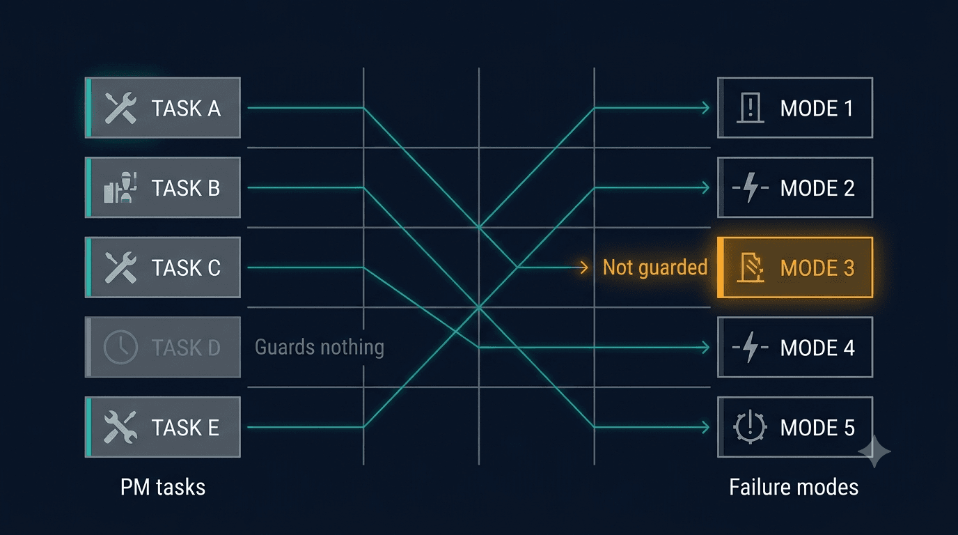 Dark-mode diagram mapping PM tasks to failure modes, highlighting unmapped risks labeled Not guarded and redundant tasks labeled Guards nothing