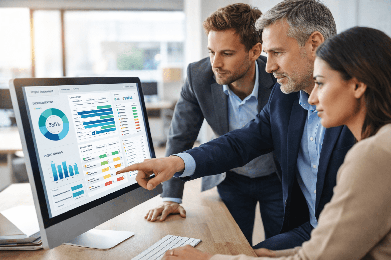 Professional services team reviewing operational dashboard — ERP and project management software