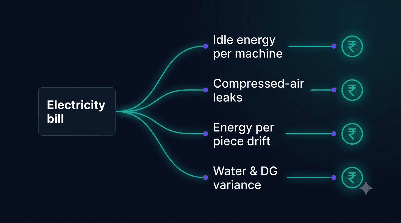 A horizontal flow diagram on a dark background showing an "Electricity bill" box splitting into four teal branches labeled "Idle energy per machine", "Compressed-air leaks", "Energy per piece drift", and "Water & DG variance", each terminating in a small rupee coin icon with no numerical digits.