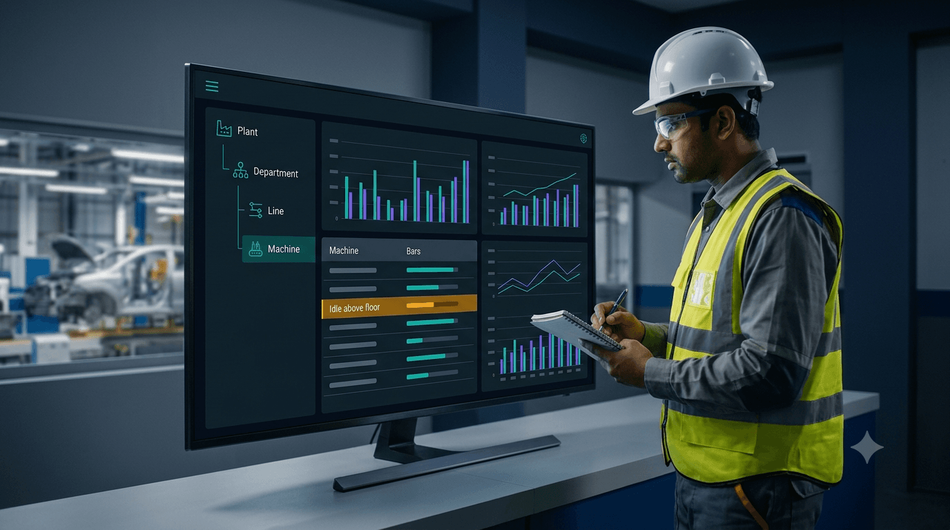 A maintenance engineer in PPE taking notes in a control room, looking at a large, wide monitor displaying a dark-mode energy dashboard. The dashboard shows a hierarchy tree (Plant > Dept > Line > Machine) and abstract bar charts. One row is highlighted in amber and labeled "Idle above floor".