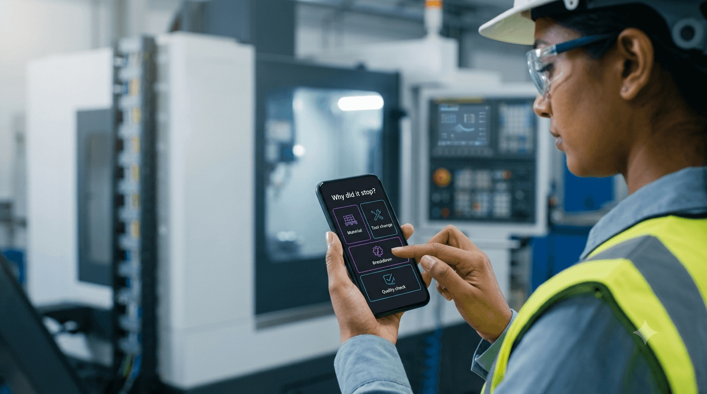 Machine operator selecting downtime reason codes on a smartphone app next to an industrial machine.