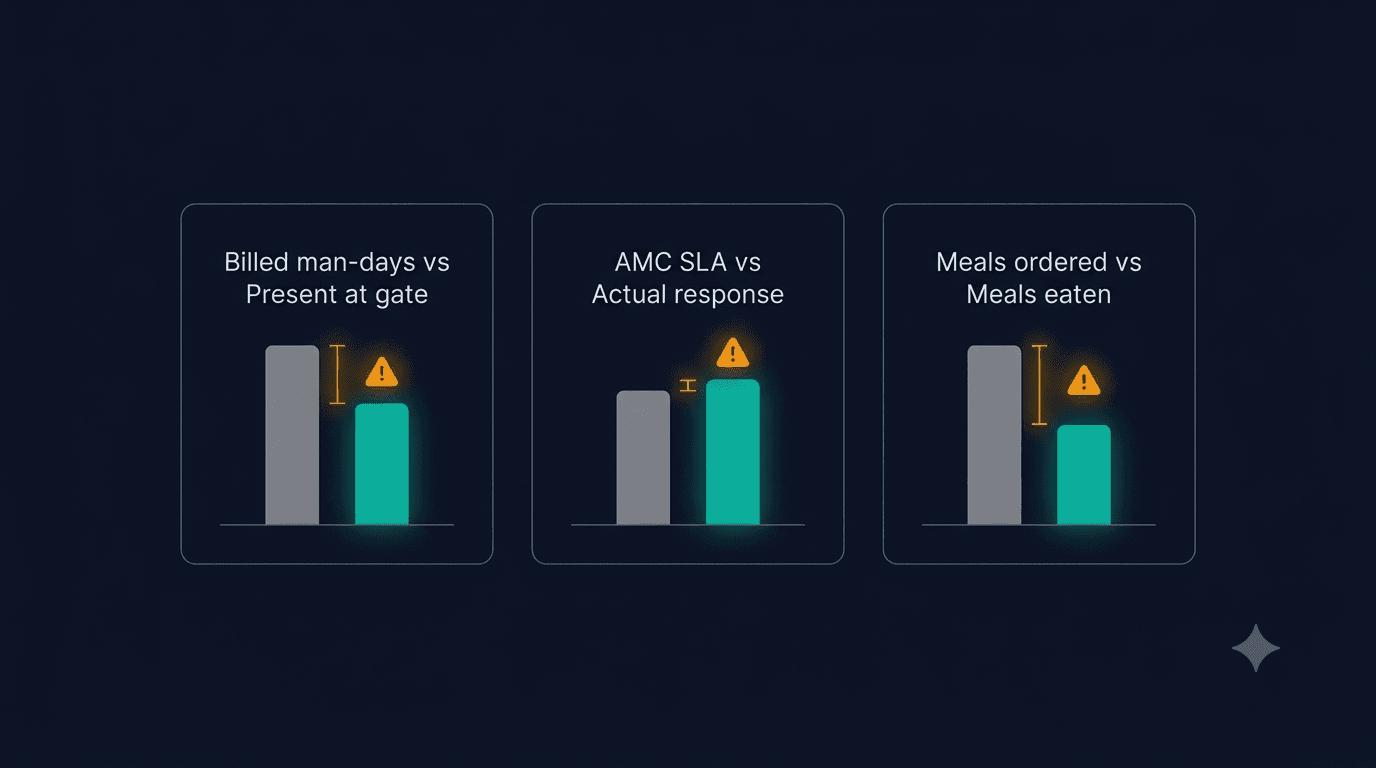 A premium editorial technical illustration diagram presenting three side-by-side comparison cards: "Billed man-days vs Present at gate", "AMC SLA vs Actual response", and "Meals ordered vs Meals eaten". Each card shows abstract bars and an amber alert marker highlighting an inefficiency gap against a deep navy background.