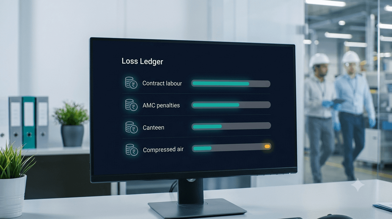 A close-up photograph of a monitor displaying a dark-mode "Loss Ledger" dashboard, featuring a vertical list of categories with rupee-coin icons and abstract bar lengths. The visible labels are "Loss Ledger", "Contract labour", "AMC penalties", "Canteen", and "Compressed air", with an amber alert accent for Compressed air inefficiency, suitable for editorial B2B tech use.