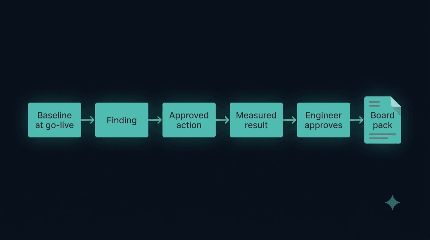 A clean, minimal left-to-right chain diagram on a dark background showing the sequential steps 'Baseline at go-live', 'Finding', 'Approved action', 'Measured result', and 'Engineer approves', culminating in a 'Board pack' document icon.