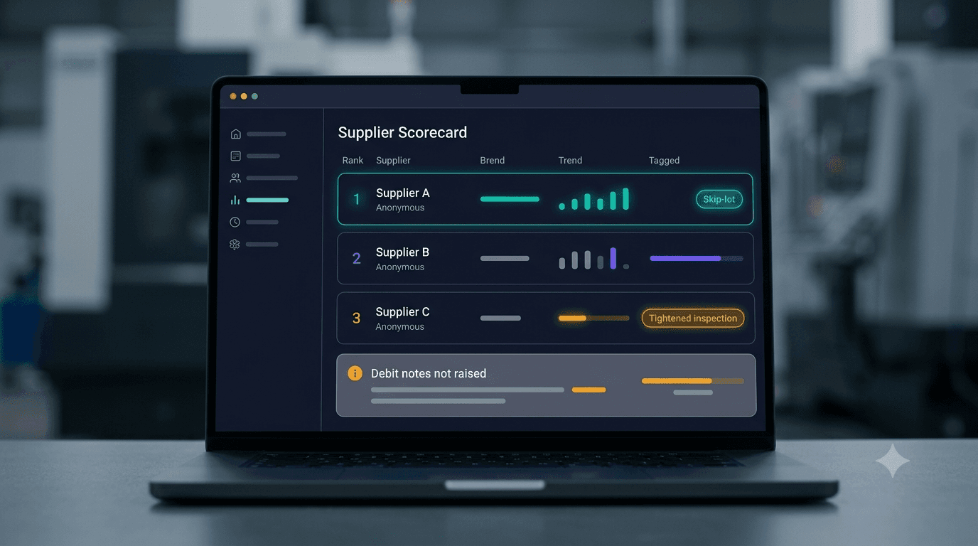 A close-up of a laptop screen displaying a dark-mode supplier scorecard interface, featuring ranked suppliers A, B, and C with abstract bars, a "Tightened inspection" tag, a "Skip-lot" tag, and a card labeled "Debit notes not raised".