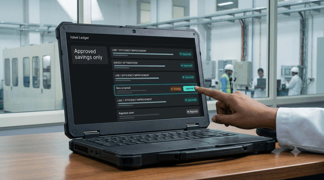 A close-up photograph of a laptop displaying a dark-mode "Value ledger" screen with status chips including 'Approved' (teal), 'Waiting' (amber), and 'Rejected' (grey). The screen highlights 'Approved savings only', and an engineer's hand is about to click 'Approve'.